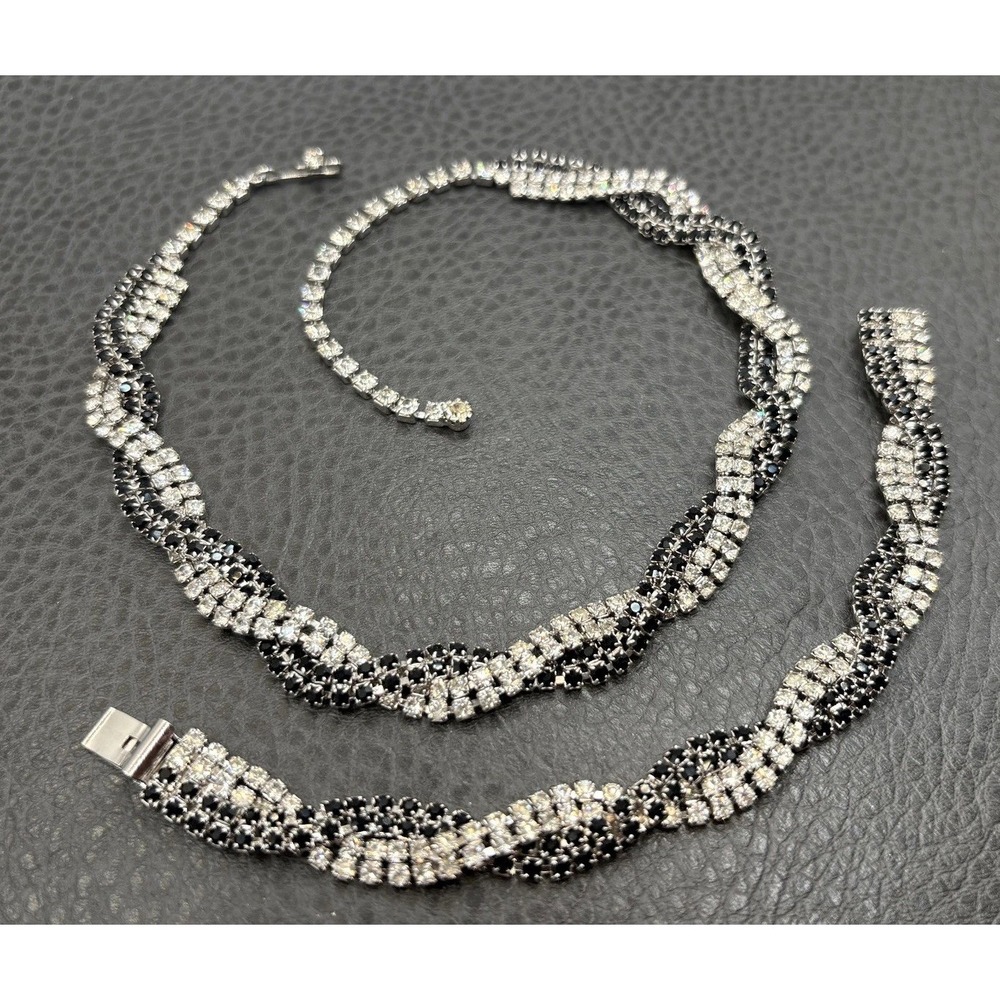 VTG Black Clear Rhinestone Twisted 15.5" Necklace 6.75" Bracelet Set Demi Parure